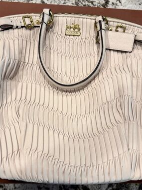 Coach Madison Gathered Leather Lindsay Satchel, Cream, Gold Hardware, Teal Inner